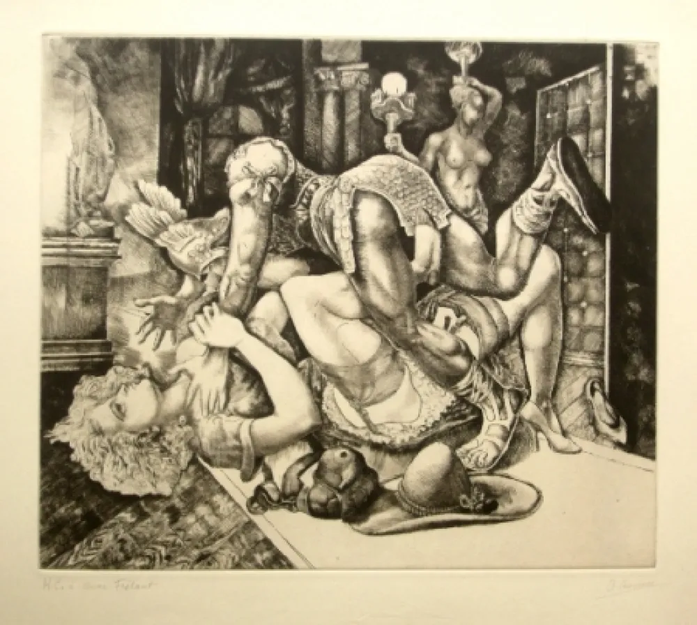 Офорт Courmes - Dame journaliste bousculée par un personnage comique