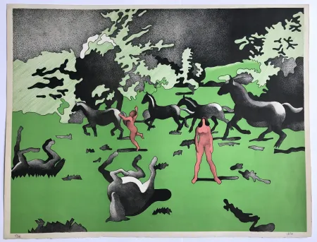 Литография Cueco - Sans titre (chevaux et bergers)