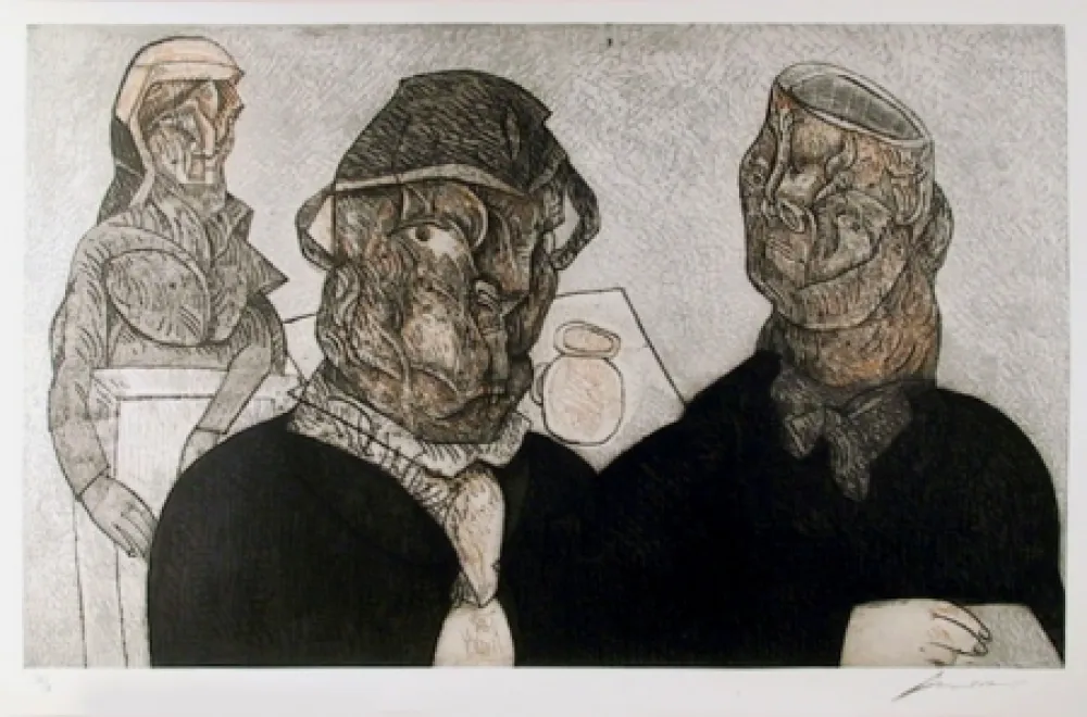 Офорт И Аквитанта Cuevas - Juan Valle Alvarado Confesar para Maria Burga from the Intolerance Portfolio