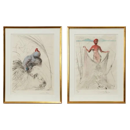 Гравюра Сухой Иглой Dali - Salvador Dalí (1904–1989) - “Femme a la Chaussure” and “La Femme tentant un voile” from the suite “Venus aux fourrures” - Hand watercolored drypoint etching on Japanese paper - 1969