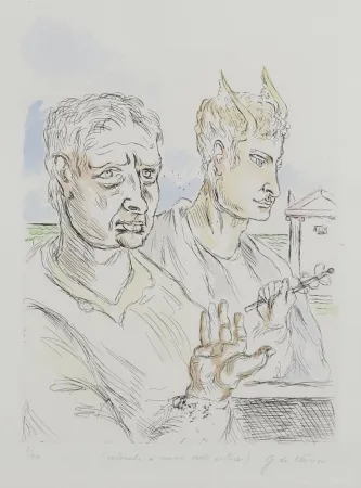 Сериграфия De Chirico - Giorgio De Chirico (1888–1978) - Autoritratto con mercurio - Hand-colored engraving by the artist - 1969