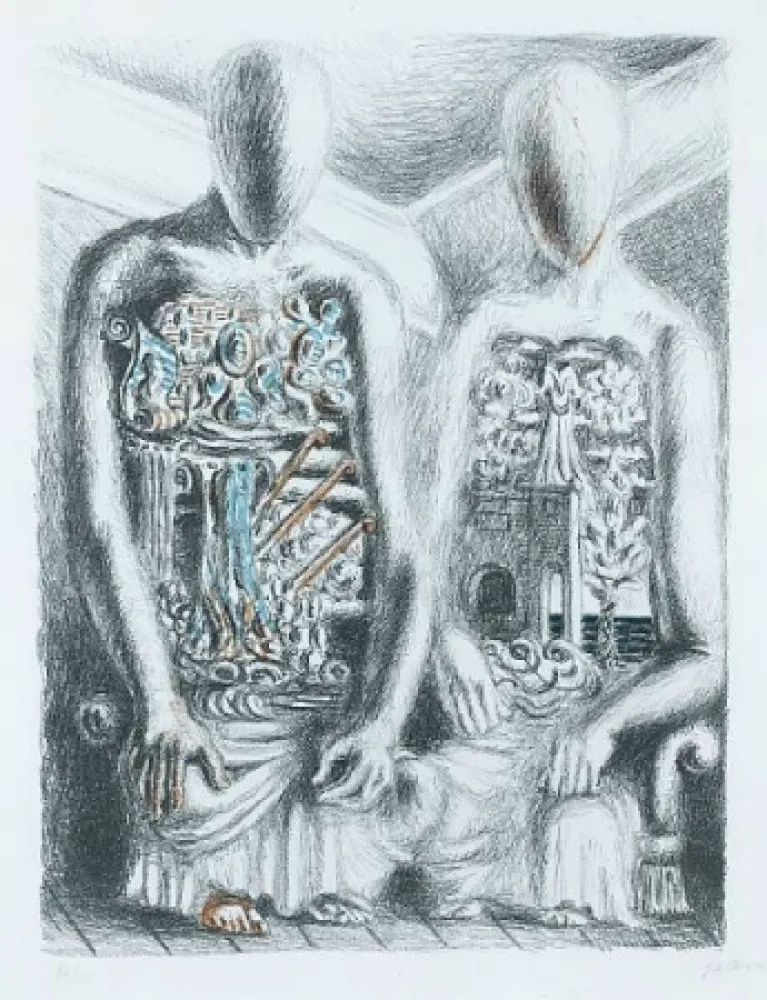 Литография De Chirico - Gli Archeologi IV dalla suite Metamorphosis