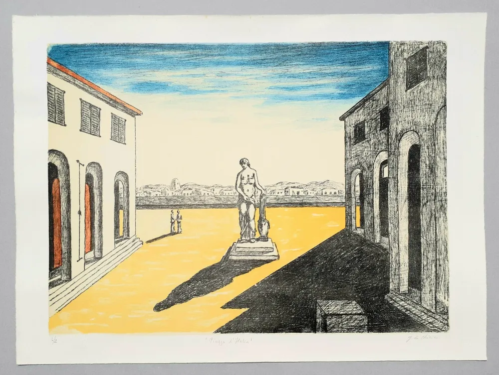 Литография De Chirico - Piazza d'Italia con efebo