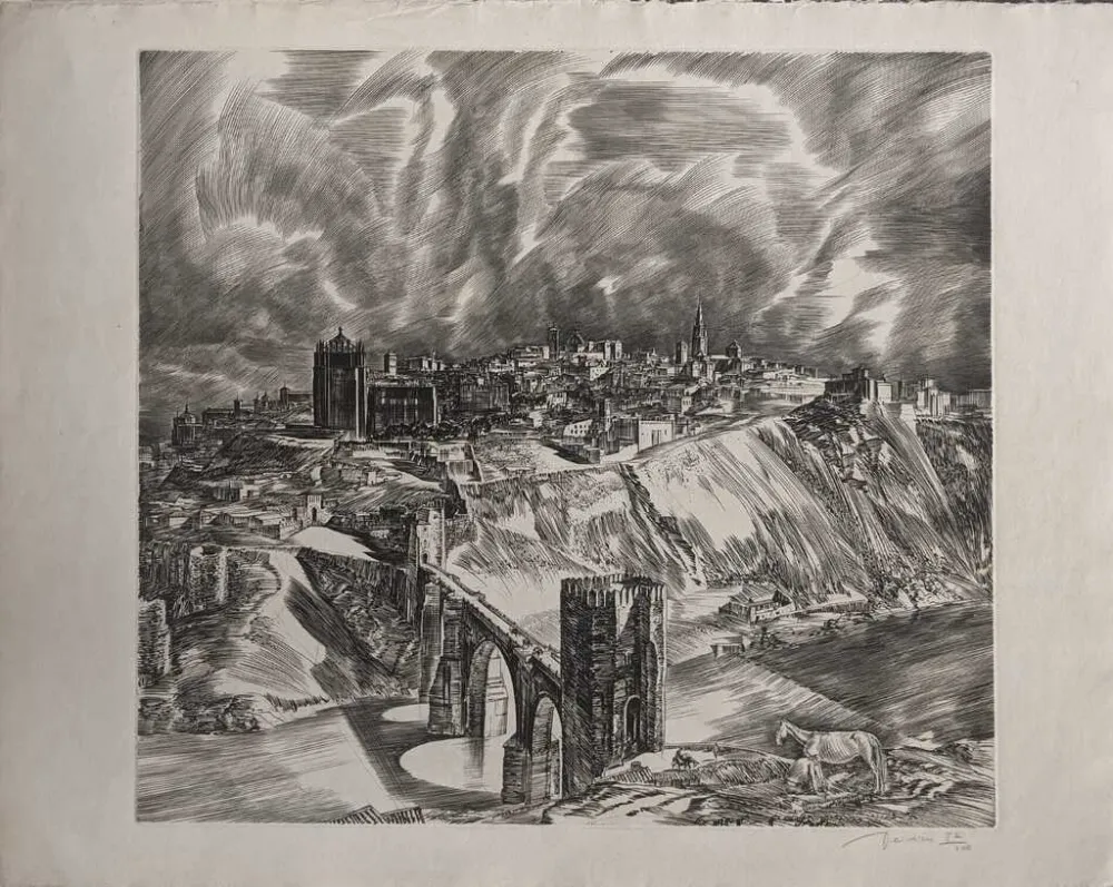 Офорт Decaris - Toledo (Puente San Martín en largeur de loin)