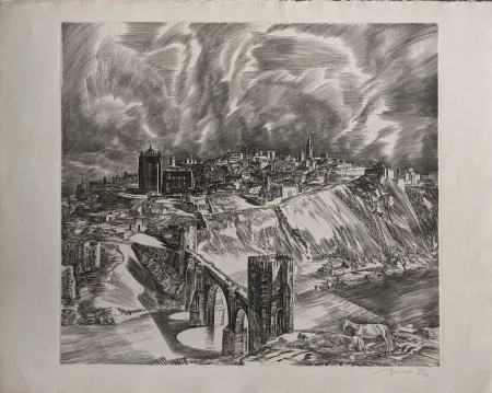 Офорт Decaris - Toledo (Puente San Martín en largeur de loin)