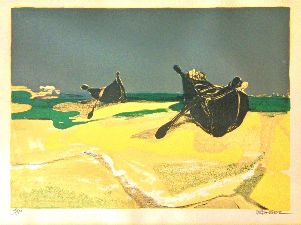 Литография Defossez - Deserted Boats - Beautiful Vintage Lithograph