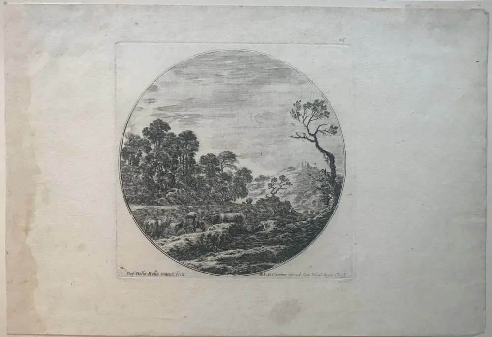 Гравюра Сухой Иглой Della Bella - Country side scene with cows