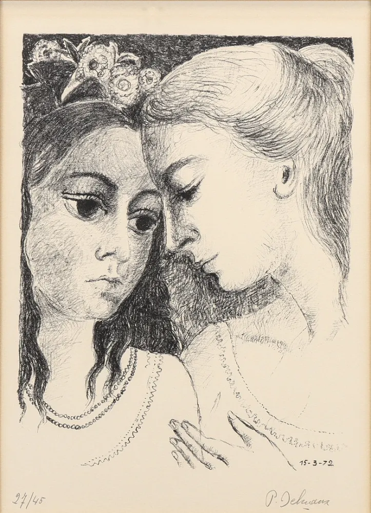 Литография Delvaux - Paul Delvaux (1897–1994) - Secrets - Lithograph on Arches paper - 1972