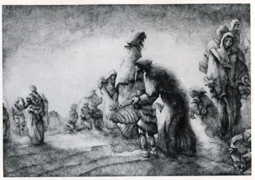 Гравюра Desmazières - Un Maman apprenant a son fils a voler