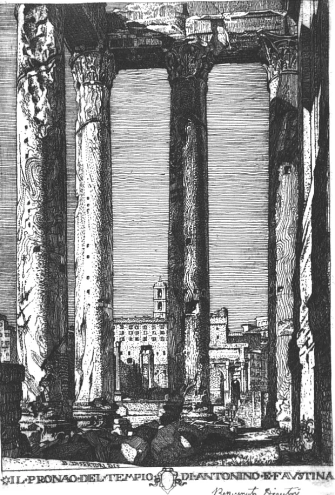 Офорт Disertori - Il pronao del tempio di Antonino e Faustina