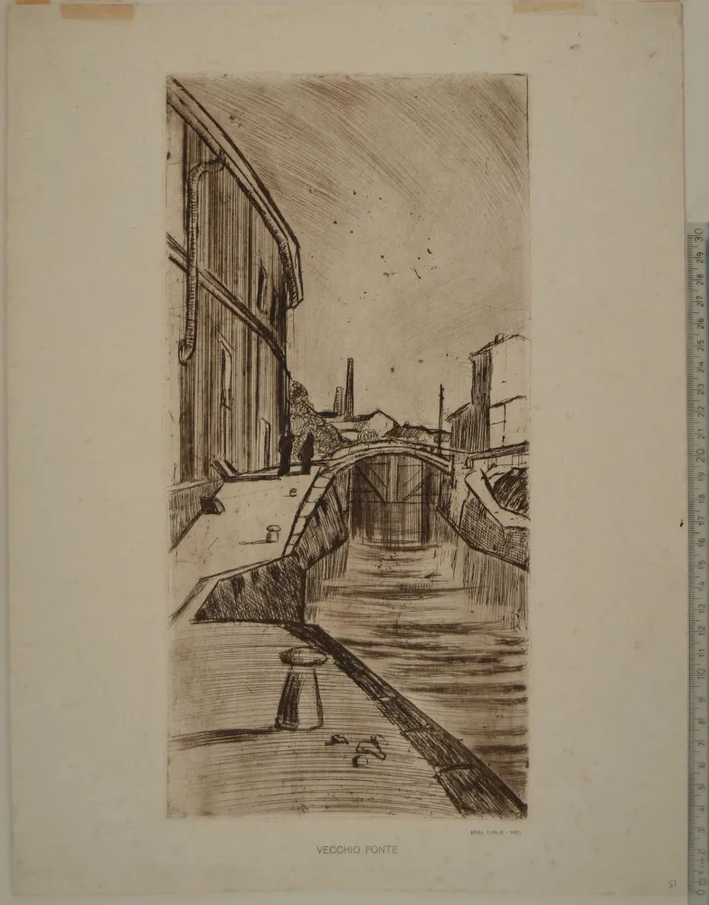 Офорт Erba - VECCHIO PONTE (A view of the Naviglio in Milan)