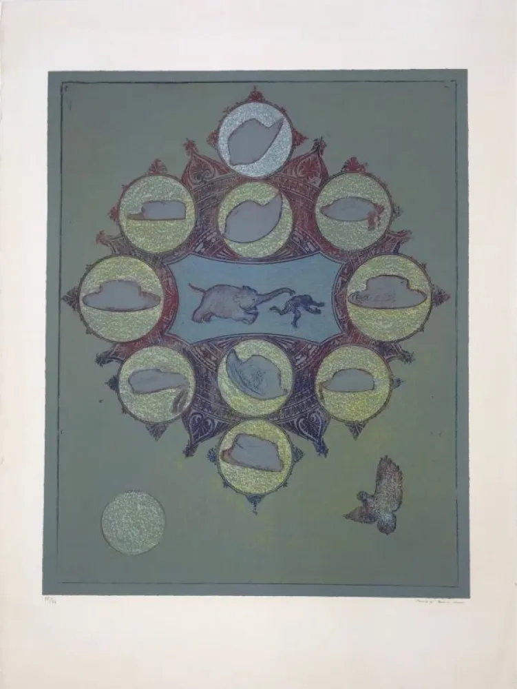 Литография Ernst - Singe poursuivi par un éléphant pour un vol de chapeau 