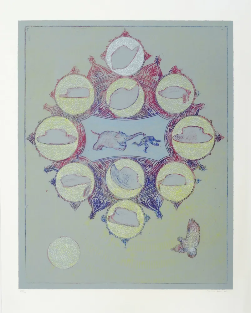 Литография Ernst - Singe poursuivit par un éléphant