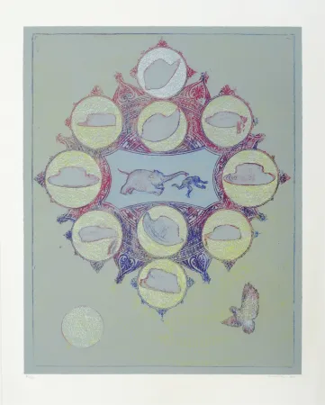 Литография Ernst - Singe poursuivit par un éléphant