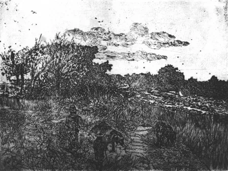 Офорт Fattori - Paese al tramonto (con guardiani di porci)