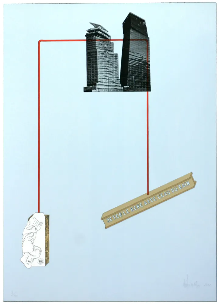 Литография Feiereisen - Jeter le bébé avec l'eau du bain