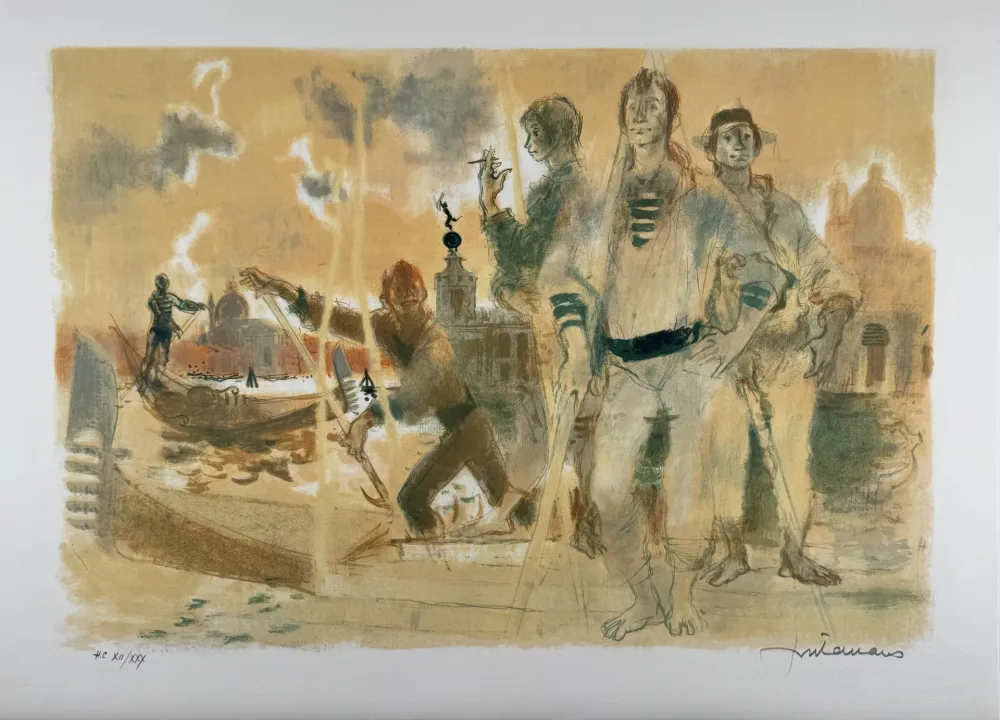 Литография Fontanarosa - Gondoliers à Venise