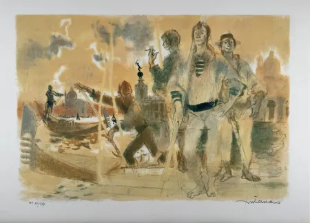 Литография Fontanarosa - Gondoliers à Venise
