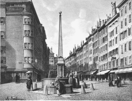 Литография Fontanesi - Fontaine et rue de Coutance