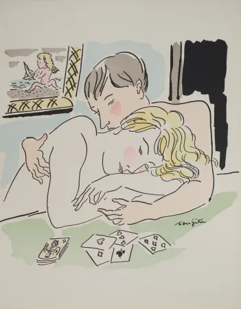 Гравюра Foujita - Amoureux au jeu de cartes