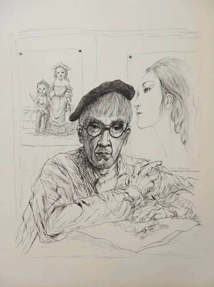 Гравюра Foujita - Autoportrait au béret avec sa femme Kimiyo