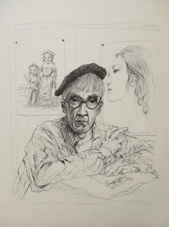 Гравюра Foujita - Autoportrait au béret avec sa femme Kimiyo