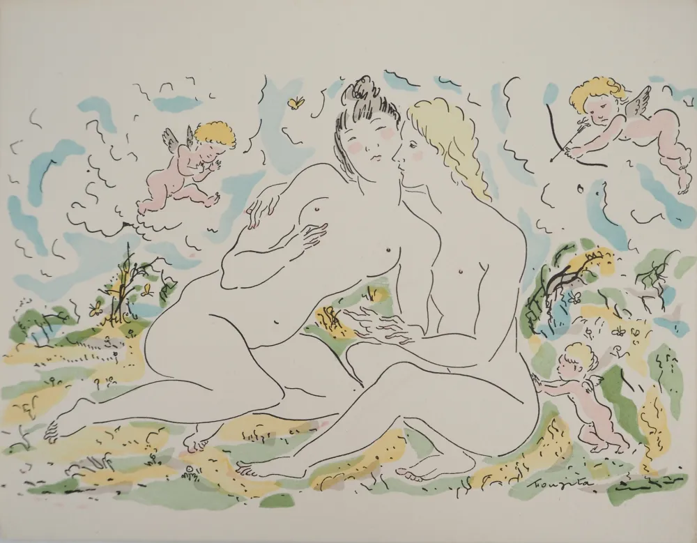 Гравюра Foujita - Couple de femmes et chérubins