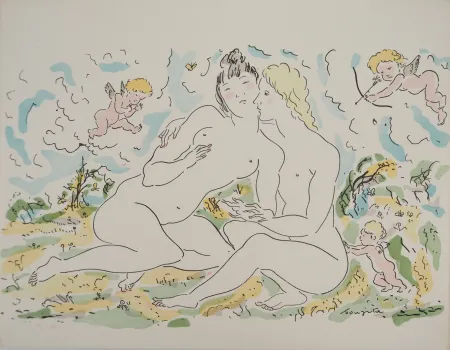 Гравюра Foujita - Couple de femmes et chérubins