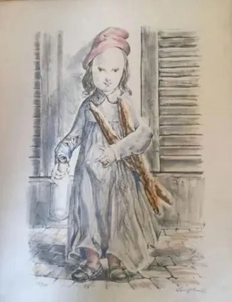 Литография Foujita -  ''Fillette aux baguettes de pains'' ou ''Le matin'' circa 1956