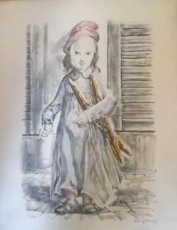 Литография Foujita -  ''Fillette aux baguettes de pains'' ou ''Le matin'' circa 1956