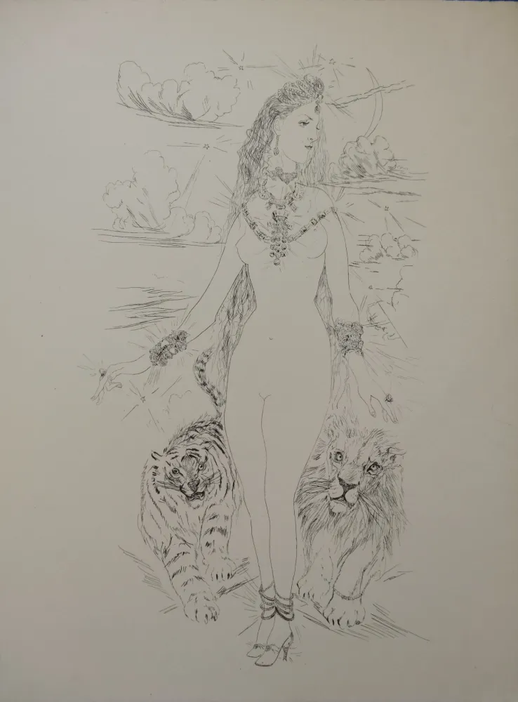 Гравюра Foujita - La Rivière Enchantée - Nu aux tigres