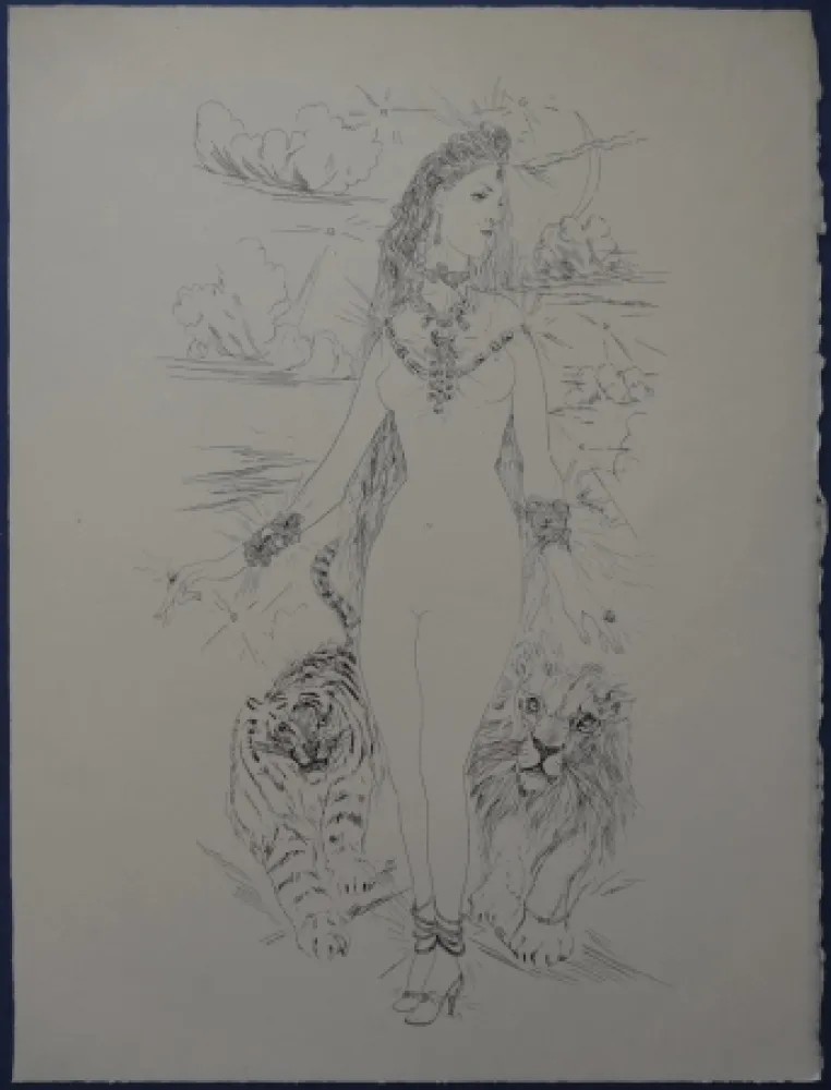 Офорт Foujita - Rivière enchantée - Femme aux félins