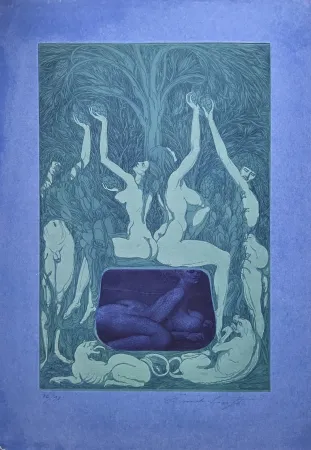 Акватинта Fuchs - Nacht Unterschlupf im Laub