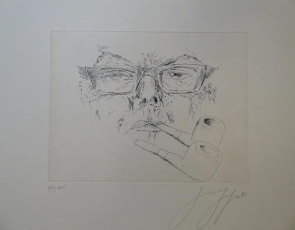 Гравюра Grass - Doppelter Max. Kopf Max Frisch mit Pfeife