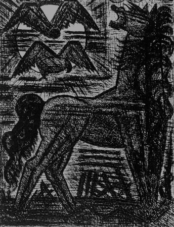 Офорт Gromaire - Présage, cheval noir, et oiseaux de nuit