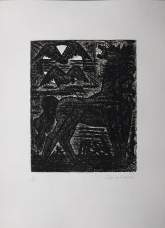 Офорт Gromaire - Présages, cheval noir et oiseaux de nuit, 1958