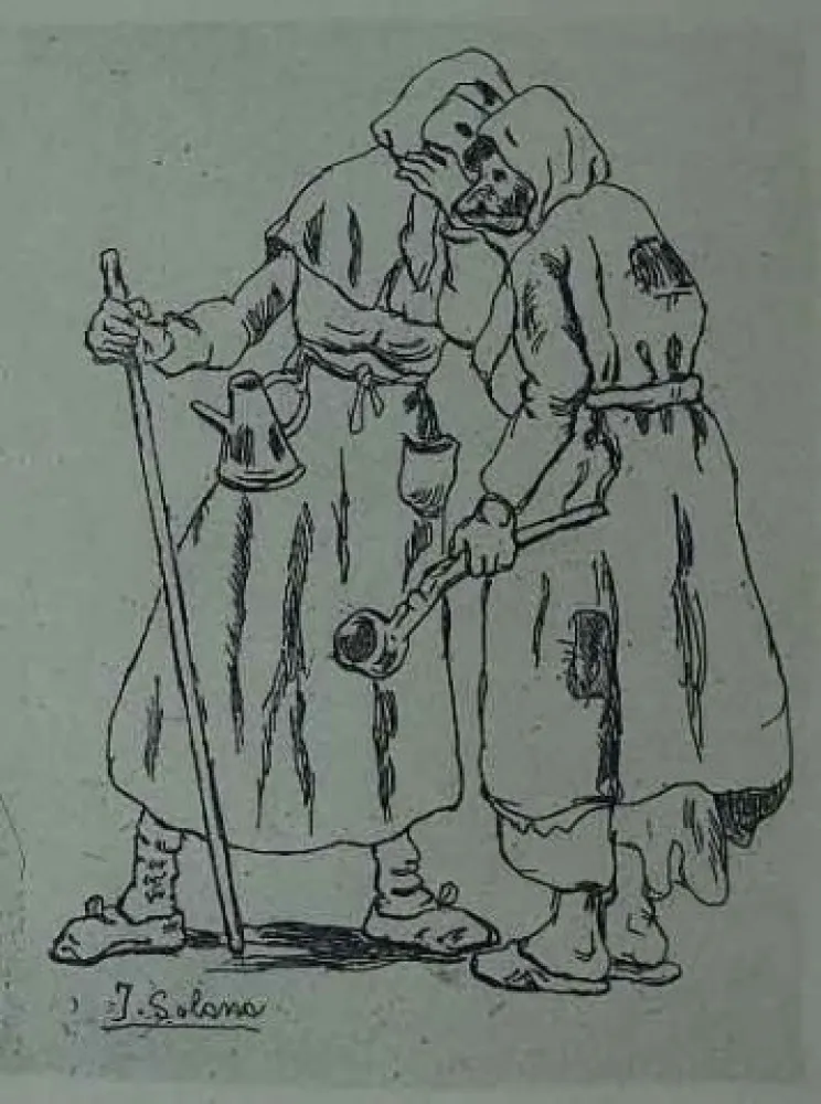 Офорт Gutiérrez Solana  - Máscaras hablándose al oido