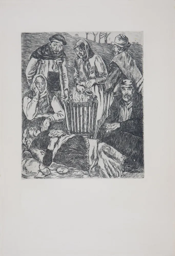 Офорт Gutiérrez Solana  - Mendigos calentándose