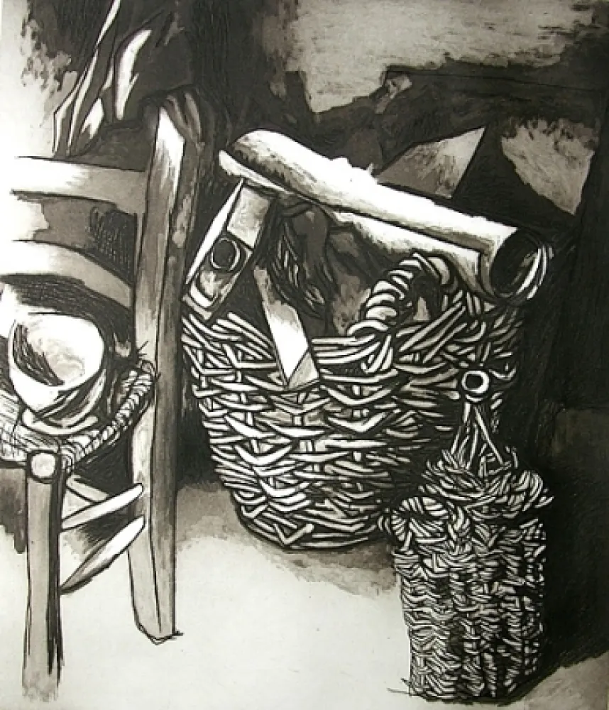 Офорт И Аквитанта Guttuso - Natura morta con sedia, cestino e fiasco