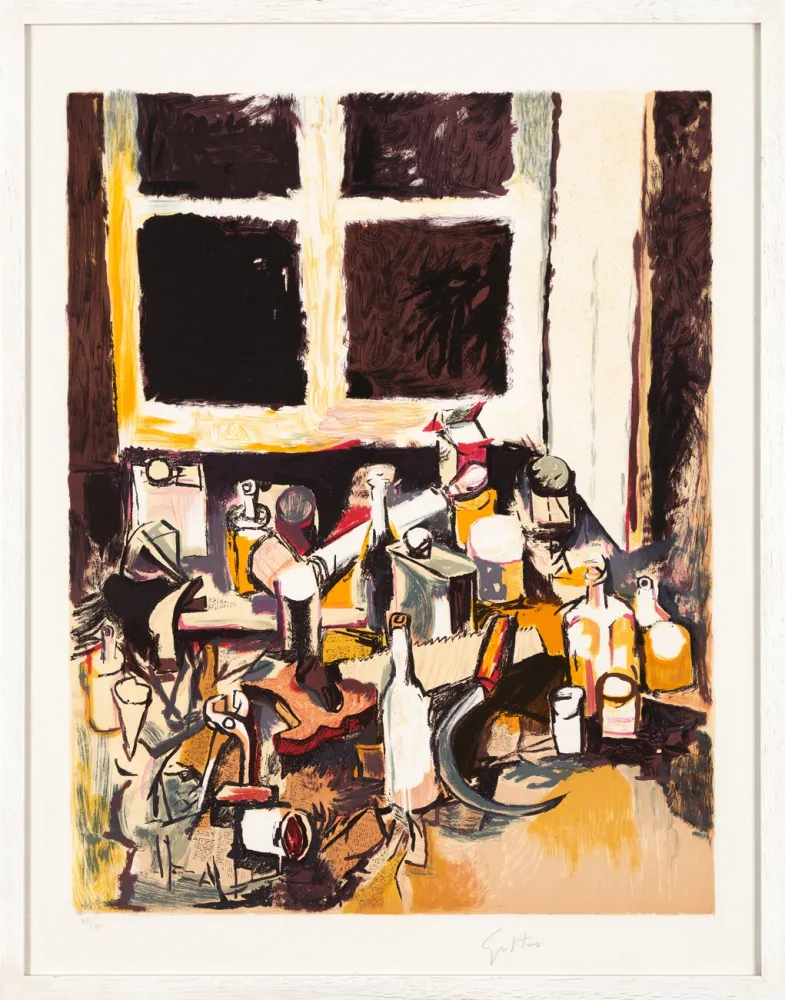 Литография Guttuso - Oggetti sul tavolo e finestra di sera