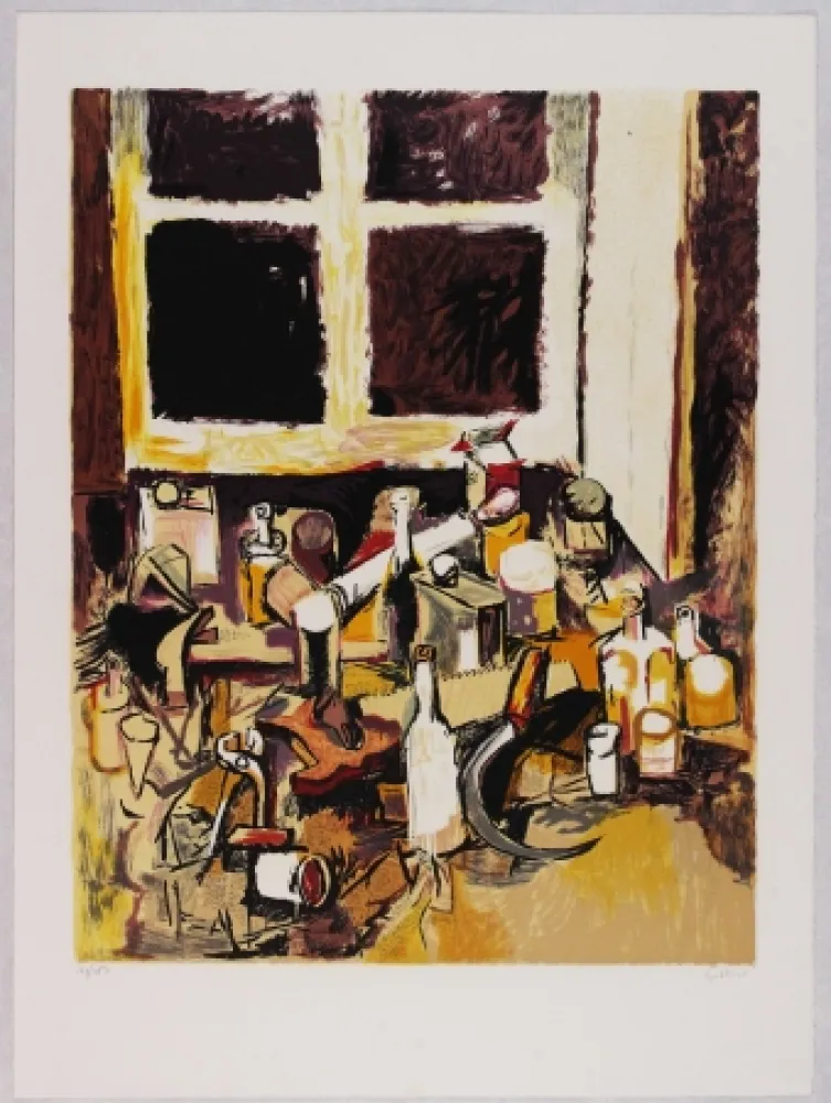 Литография Guttuso - Oggetti sul tavolo e finestra di sera
