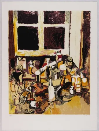 Литография Guttuso - Oggetti sul tavolo e finestra di sera