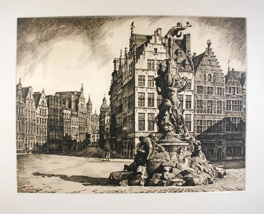 Офорт Hebbelinck - Antwerpen - Grote Markt