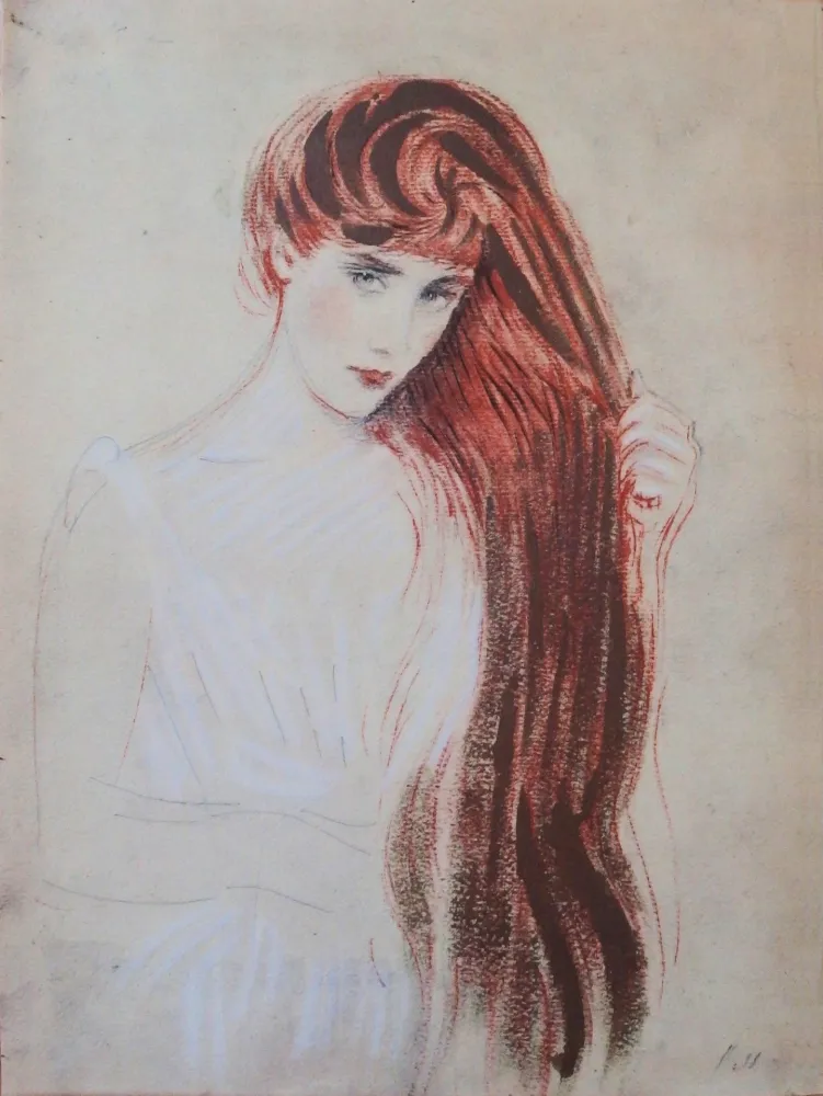 Литография Helleu - Femme rousse (la chevelure dorée)