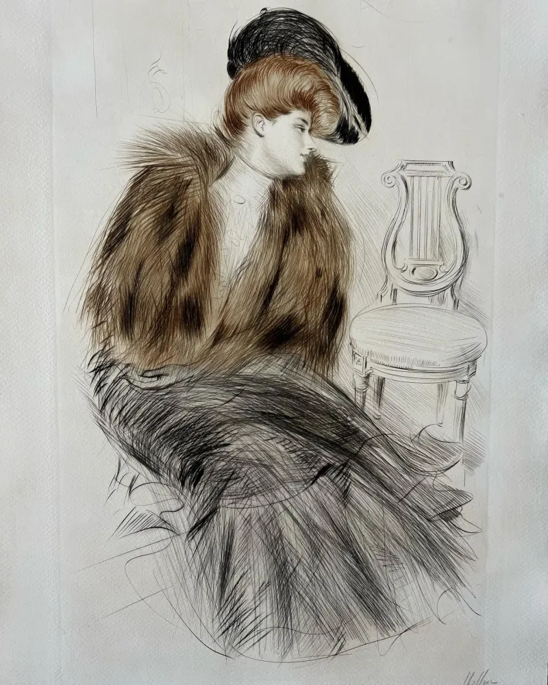 Офорт Helleu - Jeune Femme au Manteau de Fourrure (