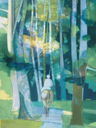 Литография Hilaire - Cavalier entrant dans la forêt