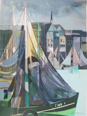 Литография Hilaire - Normandie, Voiliers à Honfleur