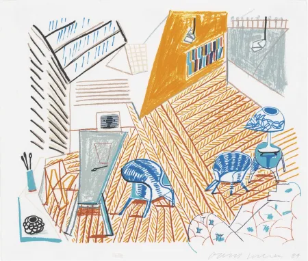 Литография Hockney - Pembroke Studio with Blue Chairs and Lamp from The Moving Focus Series