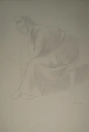 Монотип Holy - Sitzende junge Frau, den Kopf auf die Unterarme mit den Händen gestützt.