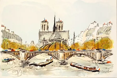 Литография Huchet - Seine et Notre-Dame de Paris